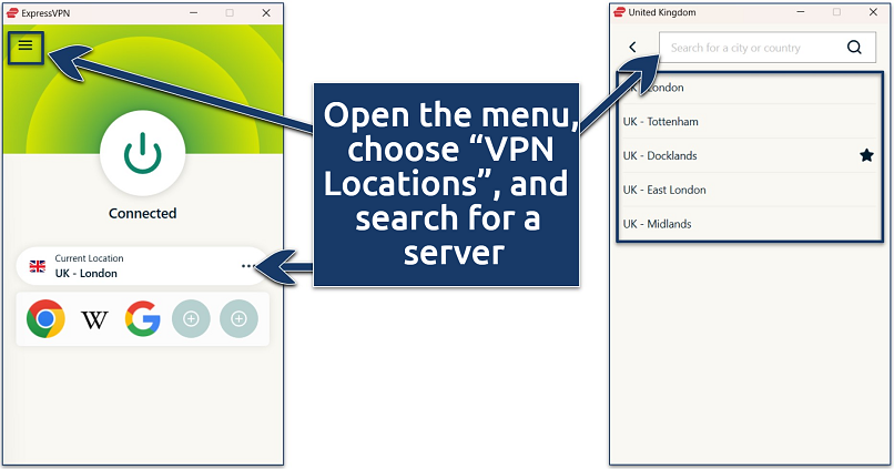 Screenshot of the ExpressVPN Windows app with its UK server locations and a connection to the UK - London server