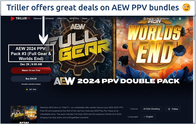 Screenshot of Triller TV's bundle offer for the AEW 2024 Full Gear and Worlds End PPVs