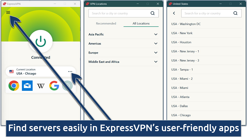 Screenshot of ExpressVPN's Windows app with US server list