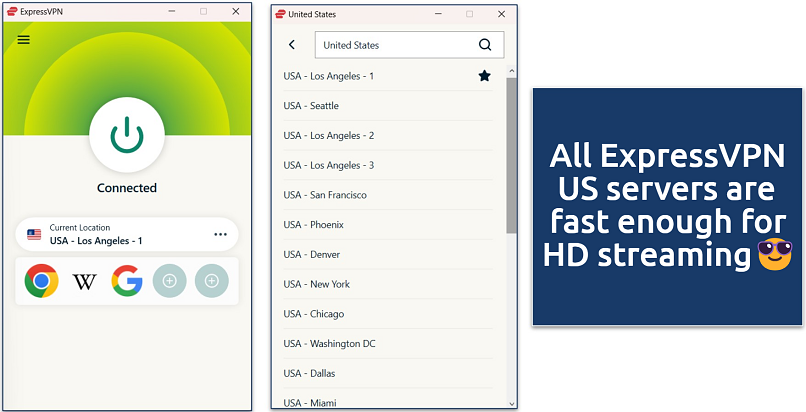 Screenshot of ExpressVPN Windows app with its US server locations