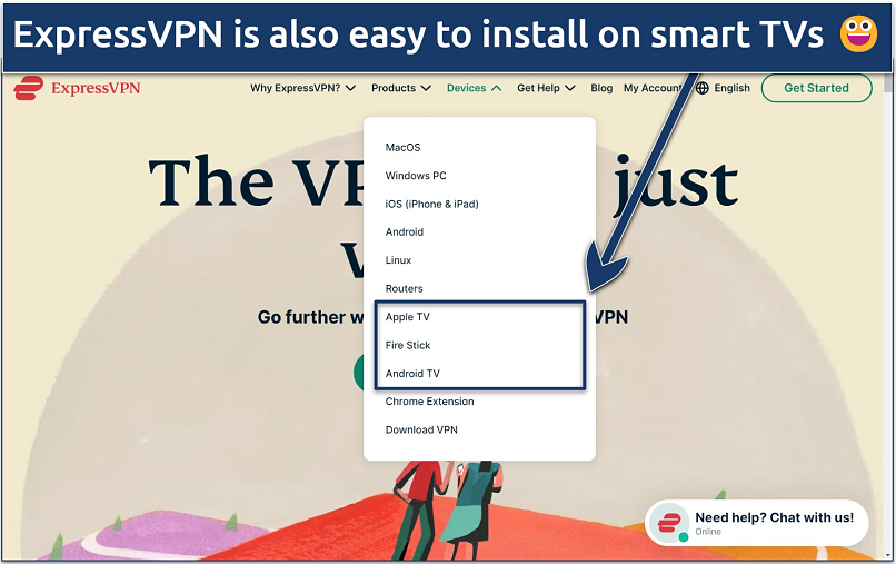 Screenshot of ExpressVPN website with its list of app downloads