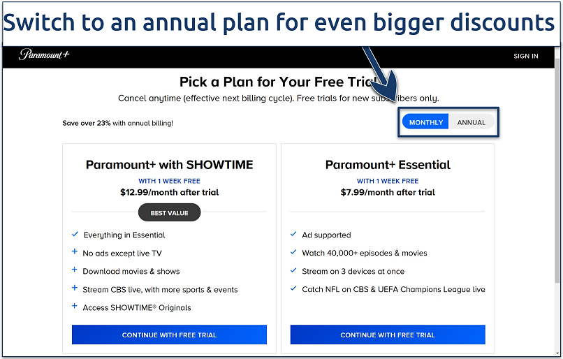 Screenshot of the Paramount Pick a Plan page