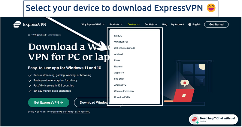 Image showing the landing Windows Download page of ExpressVPN website