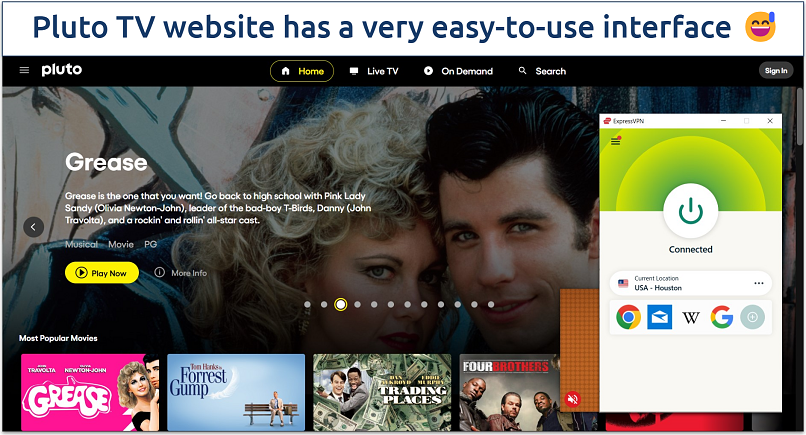 Image showing the main interface of the Pluto TV website