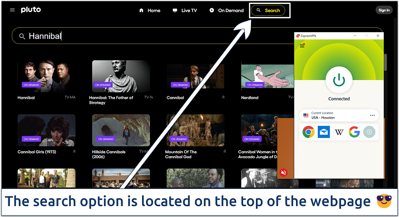 Image showing the search results of Hannibal on Pluto TV website