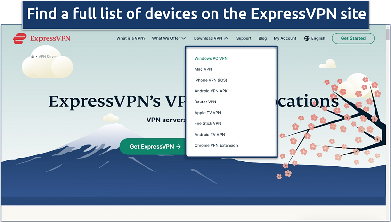 Screenshot of the ExpressVPN website home page with the app download options