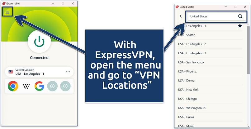 Screenshot of the ExpressVPN Windows app with the list of US server locations