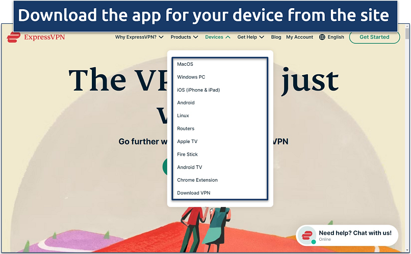 Screenshot of the ExpressVPN website homepage with the app download dropdown menu