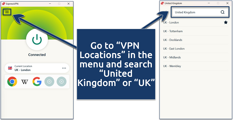 Screenshot of the ExpressVPN Windows app with its UK server locations and a connection to the UK - London server