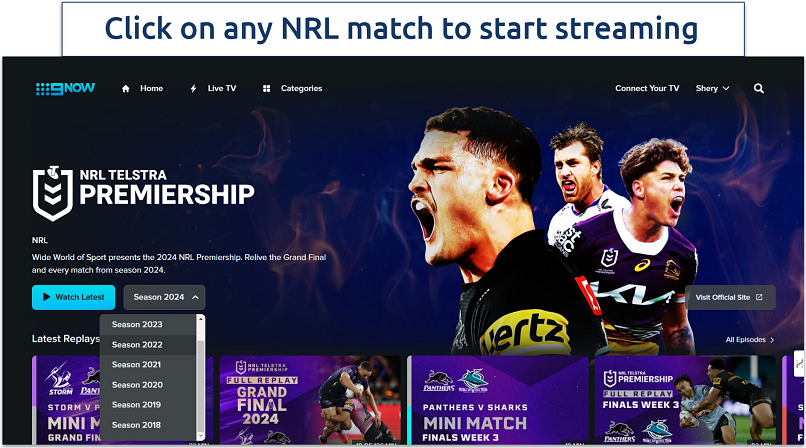 Screenshot of NRL page on 9Now website