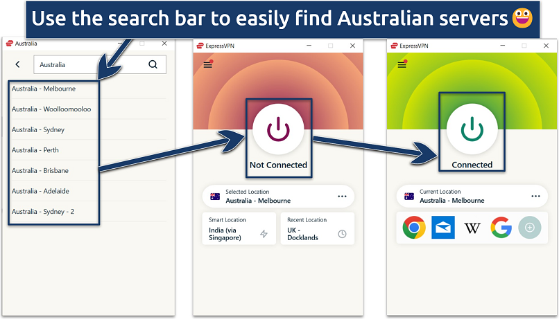 Screenshot showing the Australian servers available on ExpressVPN, with the Melbourne one connected