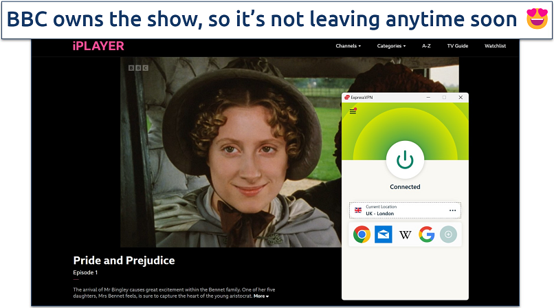 Screenshot of Pride and Prejudice 1995 streaming on BBC iPlayer while connected to ExpressVPN's UK London server