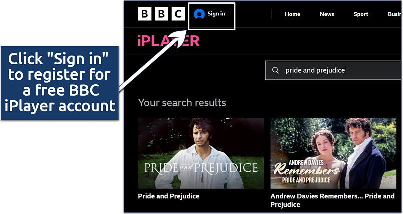 Screenshot of BBC iPlayer search results for Pride and Prejudice that highlights where to sign up for an account