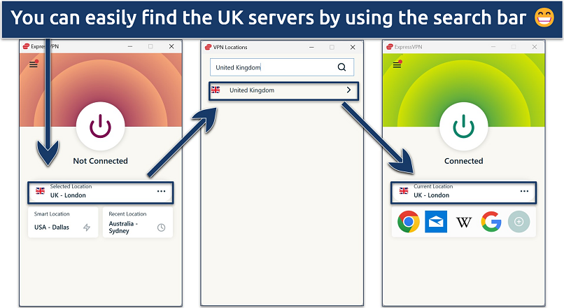 Image showing the app interface of ExpressVPN while connected to a UK server