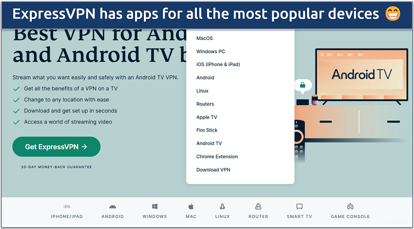 Screenshot of ExpressVPN's download page showcasing the range of apps it offers