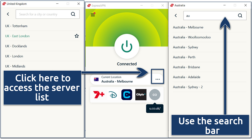 Screenshot of the ExpressVPN Windows app showing servers in the UK and Australia, the shortcut feature, and the option to click for the server list