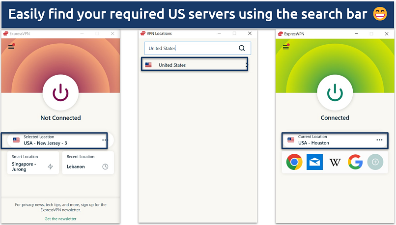 Screenshot showing the app interface of ExpressVPN connected to the USA Houston server.