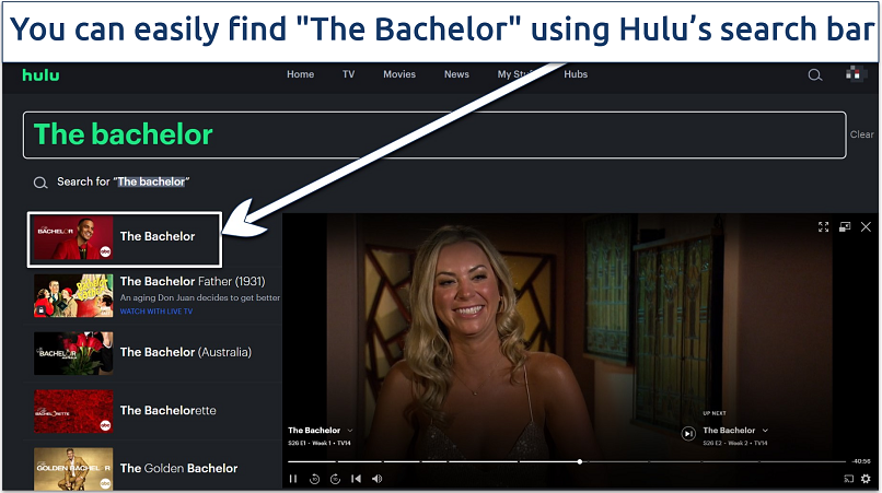 Image showing the main the search page of Hulu with The Bachelor written in the search bar