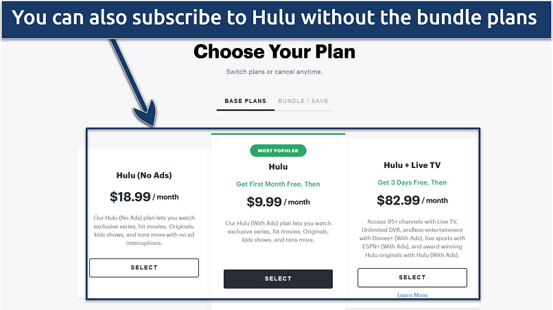 Image showing the Hulu base plans on Hulu website