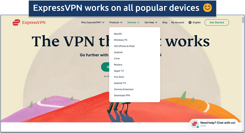 Screenshot of ExpressVPN's homepage with a list of supported devices