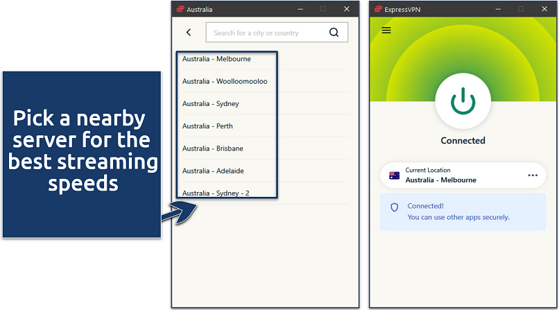 Screenshot of ExpressVPN's Windows app with the list of servers in Australia