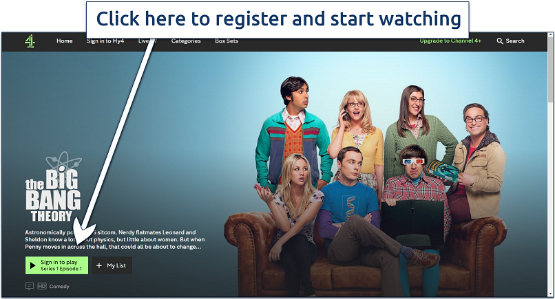 Screenshot of Channel 4's homepage with the option to register to watch TBBT