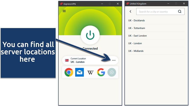 Screenshot of ExpressVPN's Windows app connected to a server in London, UK