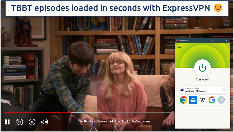 Screenshot of a TBBT episode streaming on Netflix with ExpressVPN connected to Australia