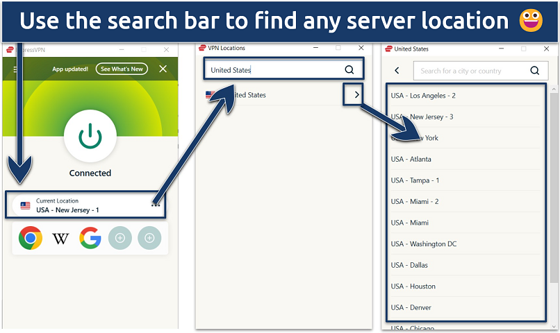 Screenshot showing the app interface of ExpressVPN with US server list expanded.