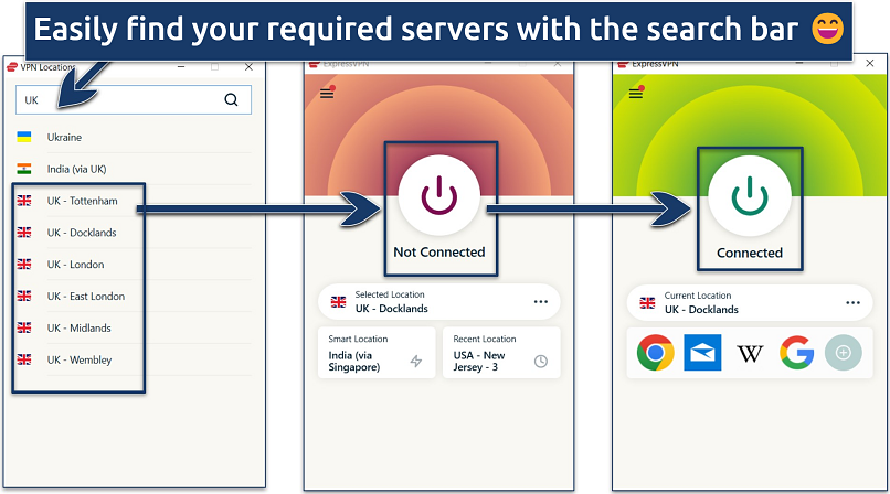 Image showing how to search and connect to a UK server with ExpressVPN