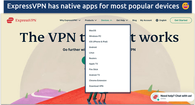 Screenshot of ExpressVPN's website landing page with the devices in focus