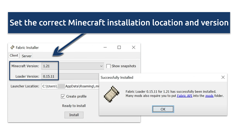 Screenshot showing Fabric Minecraft mod installation