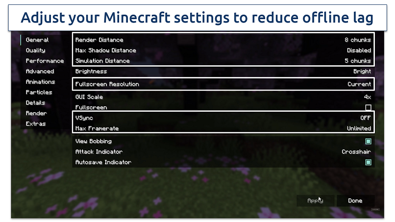 Screenshot showing Minecraft settings