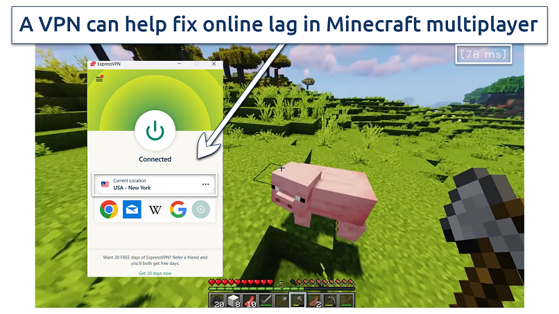 Screenshot showing Minecraft with VPN on