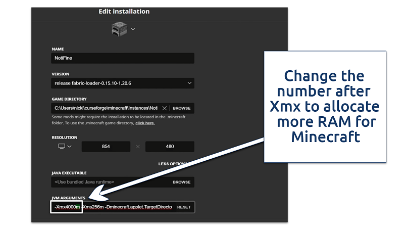 Screenshot showing Minecraft RAM allocation