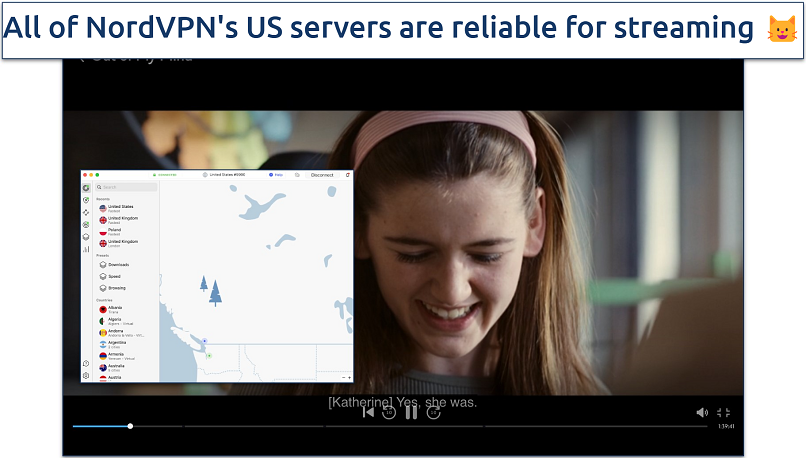 Screenshot of Disney+ streaming with NordVPN connected