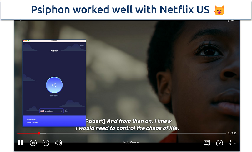 Screenshot of Rob Peace streaming on Netflix US with Psiphon VPN connected