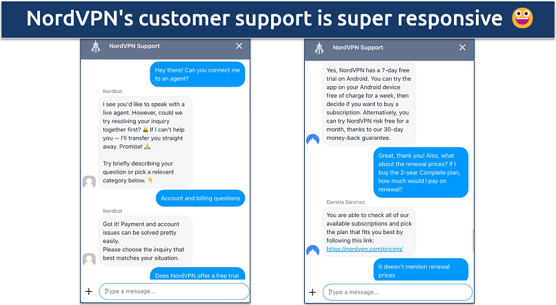 Screenshot of a chat with NordVPN's customer support 