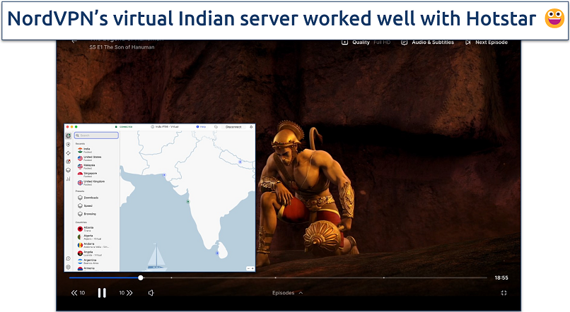 Screenshot of The Son of Hanuman streaming on Hotstar with NordVPN connected