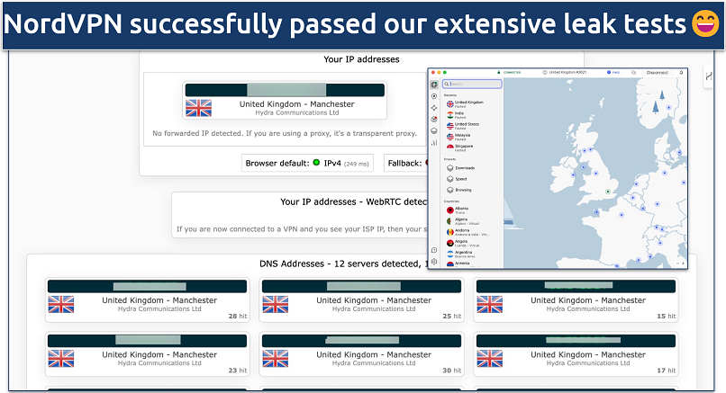 Screenshot of NordVPN's leak protection test