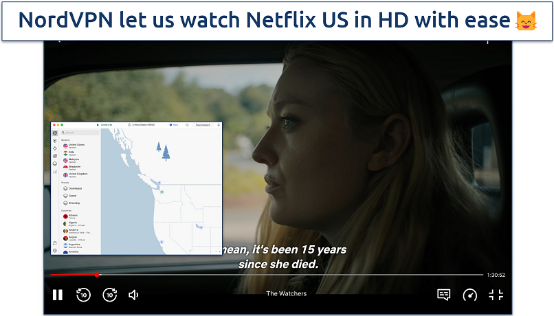 Screenshot of The Watchers streaming on Netflix US with NordVPN connected