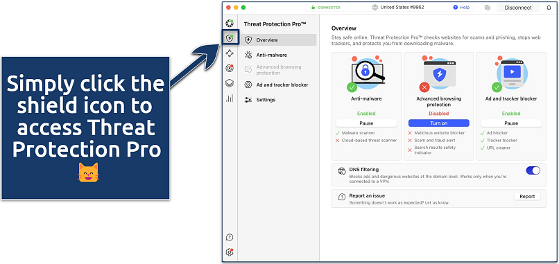 Screenshot showing how to enable NordVPN's Threat Protection