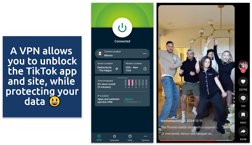 Screenshots showing TikTok working with ExpressVPN