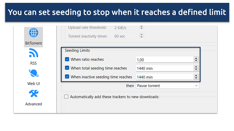 Screenshot showing seeding limits in a torrent client