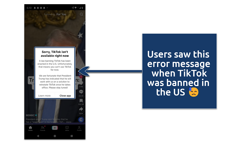 Screenshot showing the TikTok error message shown during the US TikTok ban