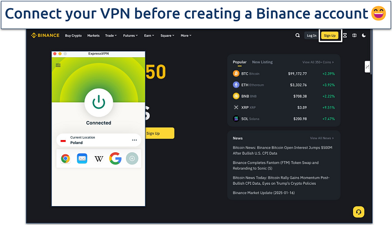 Screenshot of Binance homepage highlighting Sign Up section