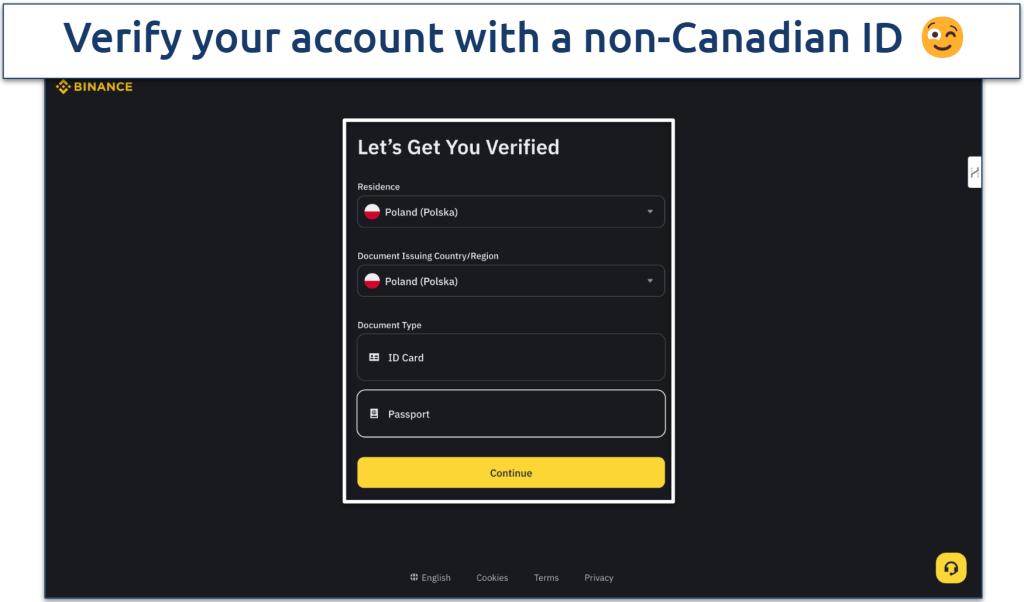 Screenshot of Binance's account verification page