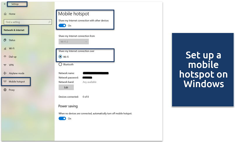 Screenshot showing steps to turn on a WiFi hotspot on Windows