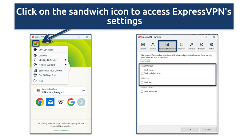 A screenshot showing how to access ExpressVPN's settings