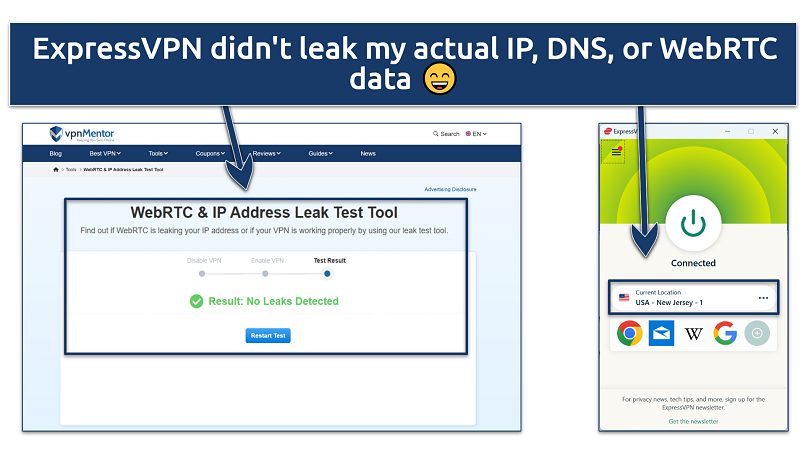 A screenshot showing ExpressVPN successfully passing an IP leak test